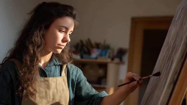 A focused artist passionately painting on a canvas in a well-lit studio, embodying creativity and inspiration as they bring their imagination to life with vibrant colors.