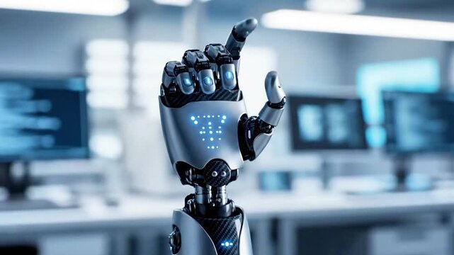 Futuristic Robotic Hand with Glowing Lights in Tech Lab