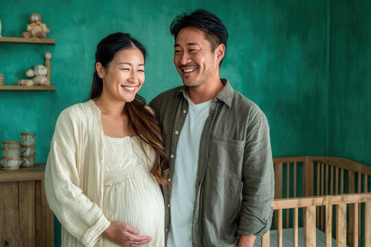 Couple shares joyful moment in a nursery while preparing for their new baby in a cozy green room