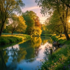 Serene River Landscape Reflecting Trees and Sunset Colors, A Tranquil View