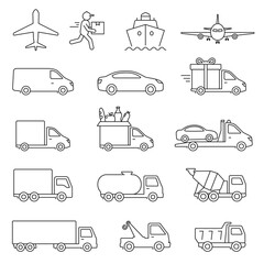 Shipping transport icon set. Vector isolated illustration. Line art
