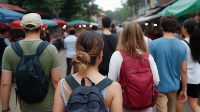 A diverse crowd of young adults walking through bustling market streets, capturing the essence of community, social interaction, and urban exploration in vibrant settings.