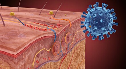 Visualizing the body's defense against viral infection with a detailed skin cell structure and virus attacking, ideal for medical education and research publications