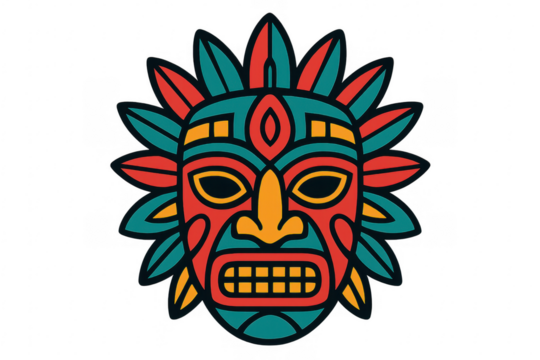 Colorful tiki tribal mask illustration on transparent background