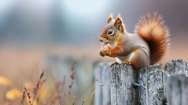 Adorable squirrel nibbling on a nut while perched on a wooden fence in a tranquil natural setting with blurred background 4k video footage