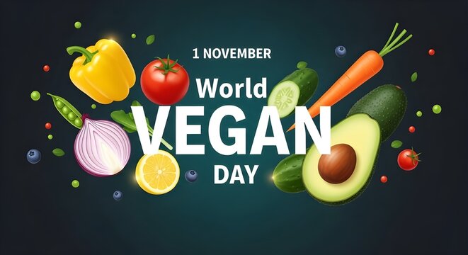 World Vegan Day 1 November with fresh vegetables and fruits on dark background veganism healthy eating