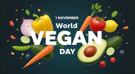 World Vegan Day celebration with fresh vegetables and fruits on dark background november 1 veganism