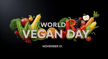 World Vegan Day text formed by fresh vegetables and fruits on black background november 01 veganism