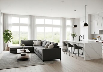 Spacious openconcept living and kitchen area with a large sectional sofa and modern island