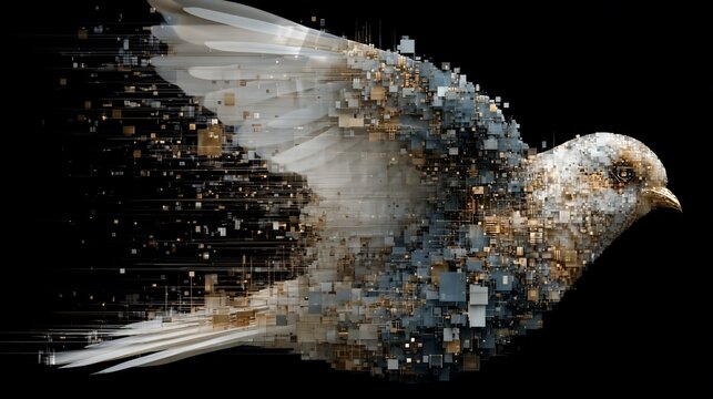 Abstract digital artwork featuring a flying bird constructed from fragmented pixels against black