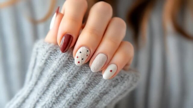 Manicured fingernails with decorative nail art on womans hand against soft knit background