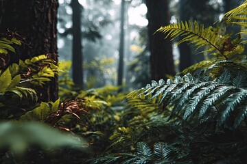 Lush forest floor in the mist