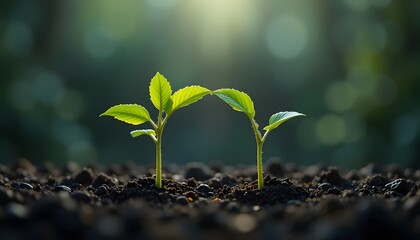 Fototapeta premium Two Young Seedlings Growing from Soil with Sunlight