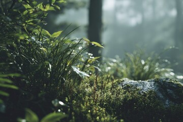 Lush forest floor in morning mist