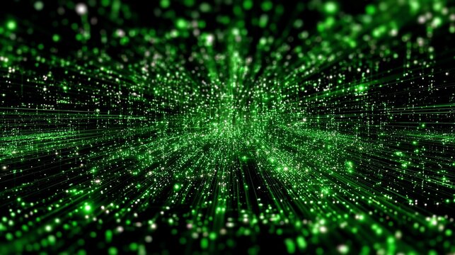 Abstract digital green matrix background with glowing particles and data streams