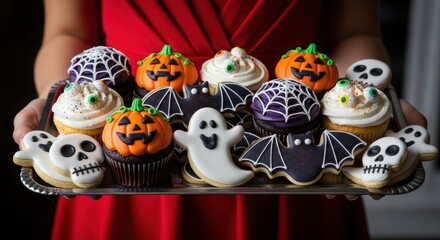 Close-up of hands holding a plate of Halloween-themed cupcakes and cookies decorated with frosting and whipped cream for the party.
