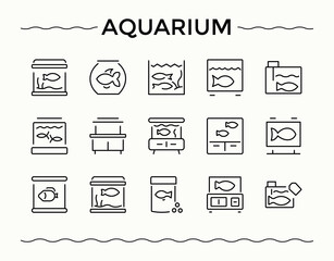 Aquarium icon set. Thin outline icons pack. Contain linear sign fish, life, animals, underwater animal. Pixel perfect. Editable vector. Underwater icon set.