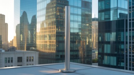 Metal Pole on Rooftop with Cityscape Background hour.