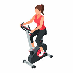 Fototapeta premium A woman in a red tank top and black leggings exercises on a stationary bike in an isometric vector illustration.