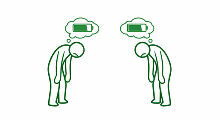 Two green stick figures with bowed heads and low battery thought bubbles symbolizing exhaustion and depleted energy levels.