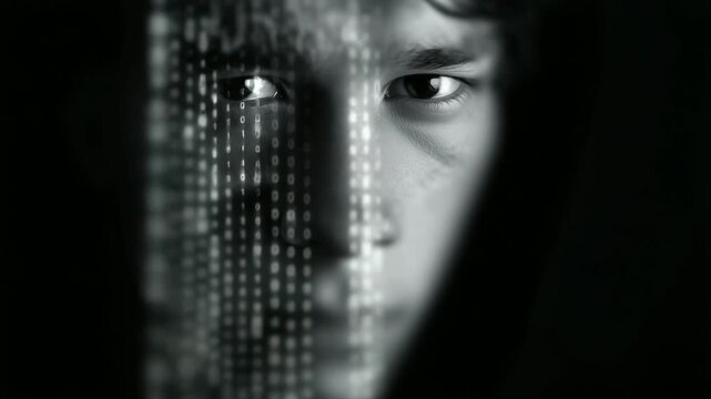 Double exposure of binary code overlayed on a face looking lost identity crisis, binary overlay