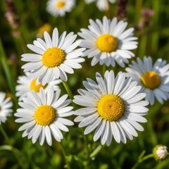 Obraz premium Radiant daisy blossoms bask in sunlight, creating a serene floral landscape