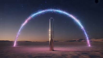 Metallic Rod with Glowing Arc of Light in Barren Landscape.