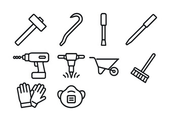 Obraz premium Vector Line art construction tools set: hammer, crowbar, screwdriver, drill, gloves, mask