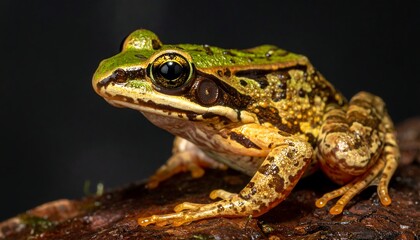 Obraz premium Close-up profile of a vibrant green and brown frog perched on a dark, textured wooden branch, black background