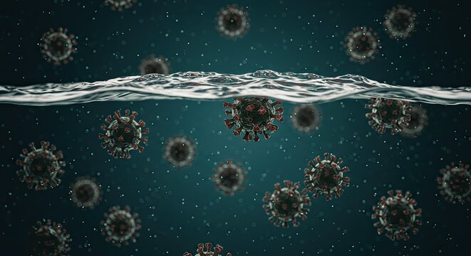 Dramatic depiction of virus cells floating beneath water, ideal for health, science, or medical content conveying urgency, research, and global awareness of pandemics