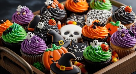 Halloween themed cakes and cookies decorated with icing and cream for a kids party