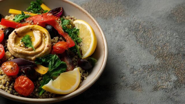 An appealing quinoa salad bowl filled with colorful, fresh vegetables, olives, and a zesty lemon slice, perfect for health-conscious individuals seeking nutritious meals.