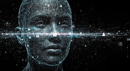 Futuristic cyber security concept showcasing digital identity protection with a glowing human face made of data and floating padlock icons against a black background