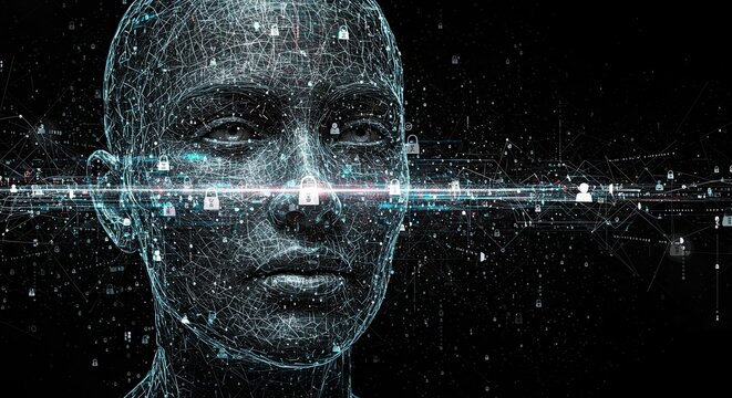 Futuristic cyber security concept showcasing digital identity protection with a glowing human face made of data and floating padlock icons against a black background - Powered by Adobe