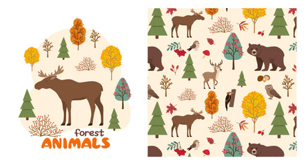 Autumn-themed forest animal pattern featuring a variety of creatures like moose, bear, and deer surrounded by colorful trees and foliage. Perfect for seasonal designs and decorations.