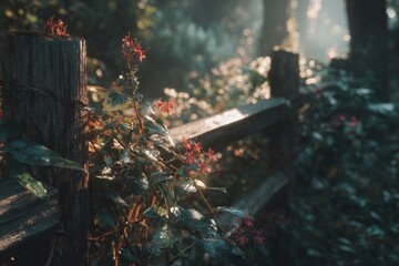 Rustic wooden fence with vibrant flowers in a misty morning light