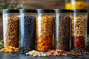 Assorted dried fruits spices displayed in transparent jars with colorful textures variety of ingredients healthy lifestyle natural kitchen storage