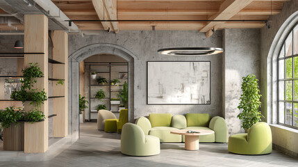Modern lounge area with greenery and cozy seating in an urban space during daylight