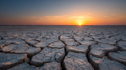 Sunset over cracked earth in a dry landscape showcases the harsh effects of drought on nature and the environment