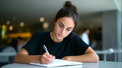 een writing notes in anxiety journal while in cafeteria, small notebook hidden anxiety coping, journaling, youth stress, school anxiety, coping habit, panic