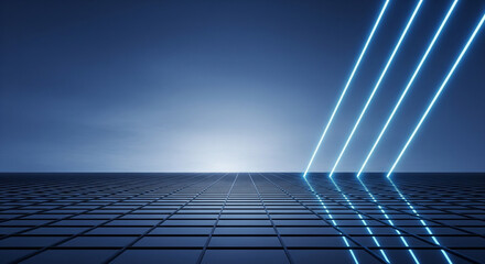 Futuristic Blue Neon Light Beams on a Gridded Surface Abstract Background