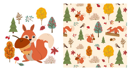 Adorable squirrel holding an acorn surrounded by autumn trees and forest elements in a seamless pattern. Perfect vector illustration for seasonal designs and nature-themed projects. © Elena