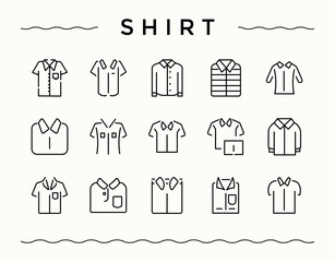 Shirt icon set. Minimalist editable vector stroke. Includes thin line symbols cloth, suit, wear, dress, clothing, shirt. Editable vector. Pixel perfect. Shirt icon pack.