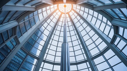 Modern glass dome interior with sunlight streaming through.