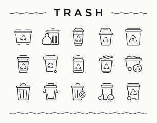 Trash icon set. Contains such symbols as dustbin, bin, pollution, recycling, dump, junk and more. Bin modern icon set. Outline symbol collection. Editable stroke collections.