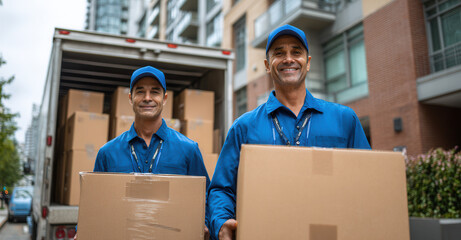 Delivery workers carrying boxes with smiles in an urban setting during daytime