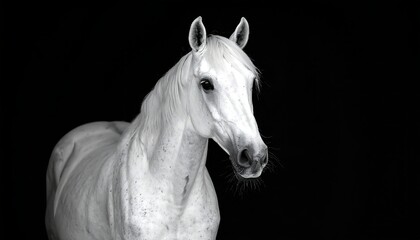 A stunning grayscale portrait of a pure white horse with a flowing mane and attentive gaze against a stark black backdrop