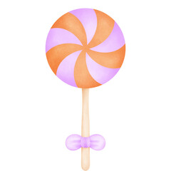Orange swirl lollipop on stick decorated with tiny cute bow.