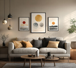 Stylish living room with modern art and cozy furniture creating a warm atmosphere for relaxation