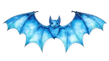 Fototapeta premium Blue bat wings watercolor cartoon illustration art. Cute animal with fantasy wings and friendly face. Animal character, colorful and adorable art, isolated on white background, perfect for children